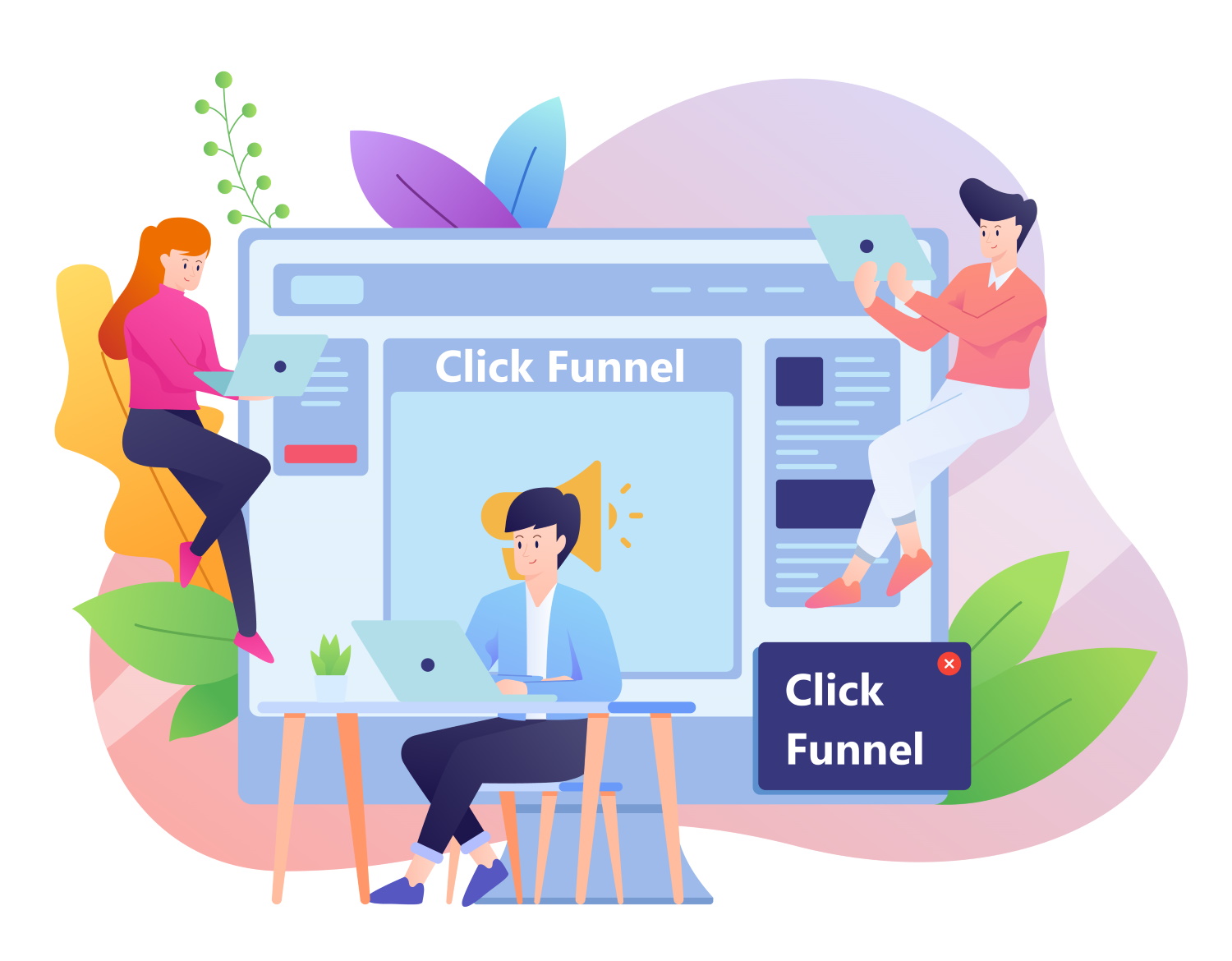 BSPOKE Design - Graphic showing marketing professionals discussing click funnels